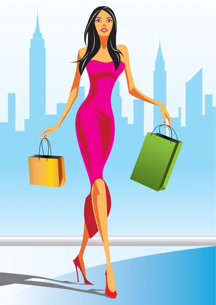 Fashion winkelen meisjes met shopping bag in new york — Stockvector