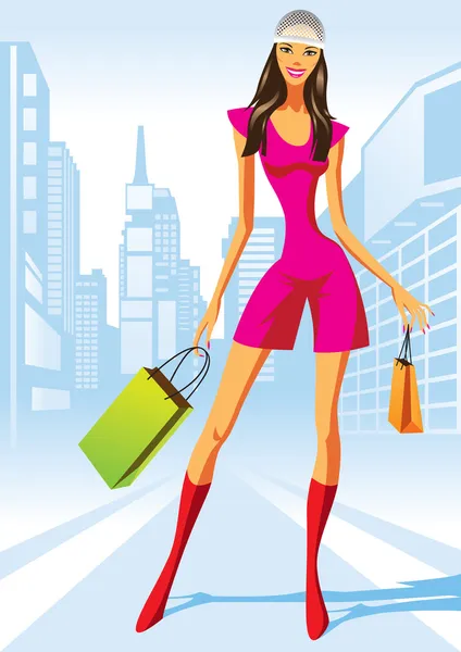 Μόδα, ψώνια κορίτσια με τσάντα για ψώνια στη Νέα Υόρκη — Διανυσματικό Αρχείο