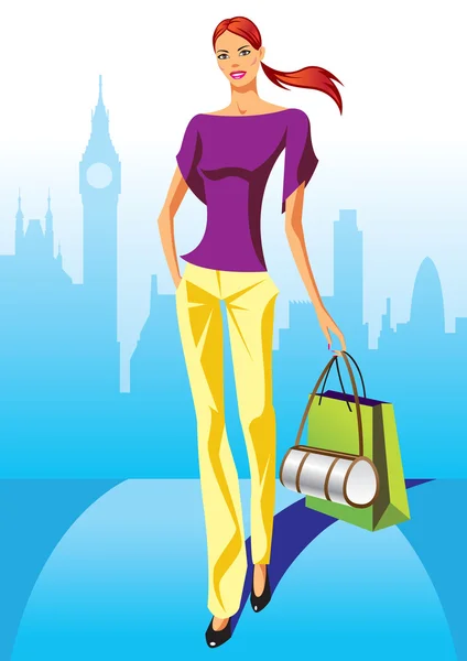 Chicas de compras de moda con bolsa de compras en Londres — Vector de stock