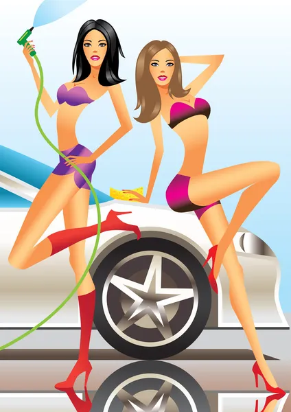 Myjnia samochodowa-sexy modelki — Wektor stockowy