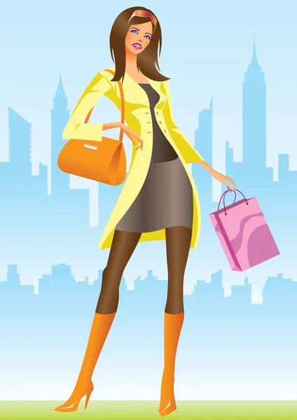 Filles shopping mode avec sac à provisions à New York — Image vectorielle