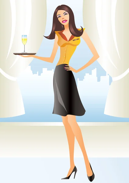 Beautiful waitress in apron holding coctail in New York — Stock Vector