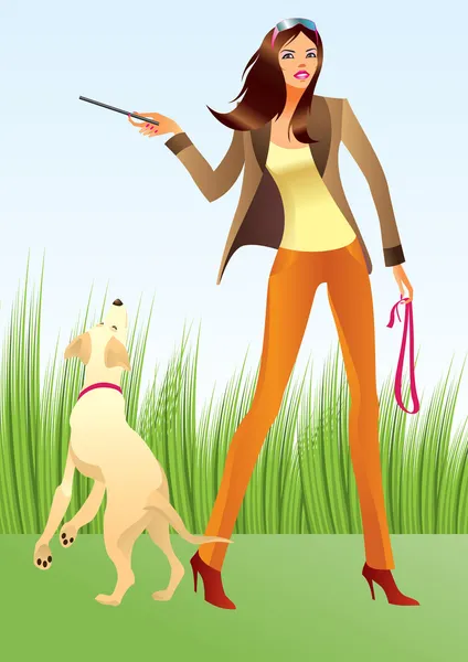 Mujer sexy con un perro en el parque — Vector de stock