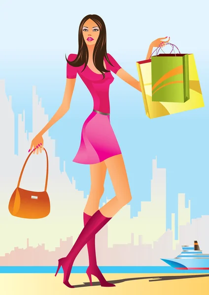 Moda chicas de compras con bolsa de compras — Vector de stock