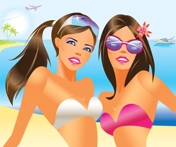 Mulheres bonitas com roupa de banho na praia — Vetor de Stock