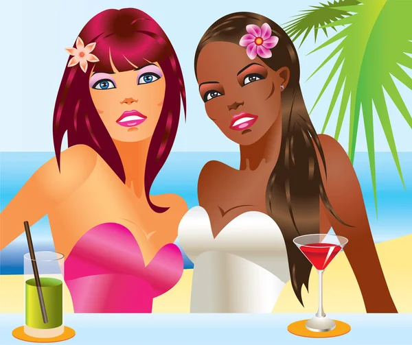 Dvě krásné ženy s koktejly na pláži — Stockový vektor