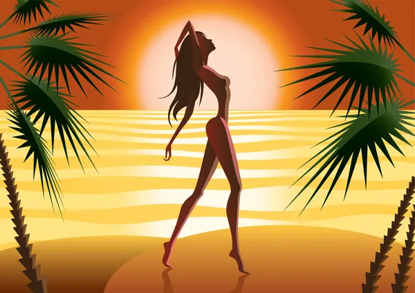 Mooie vrouw silhouet op een strand — Stockvector