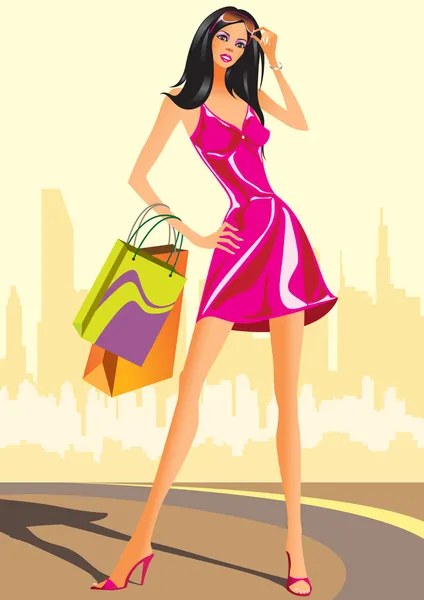 ショッピングの買い物袋の女の子のファッション — ストックベクタ