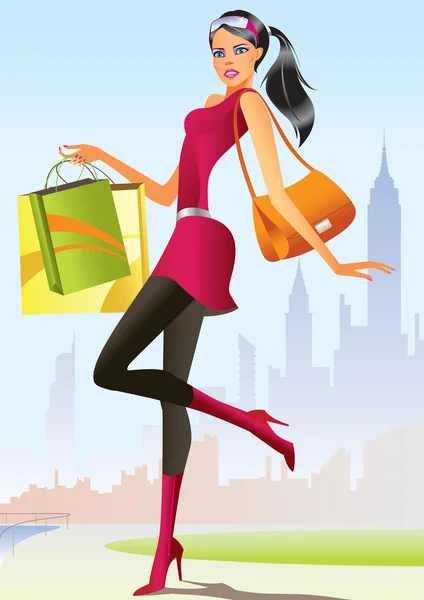 Chica de compras de moda con bolsa de compras en Nueva York — Vector de stock