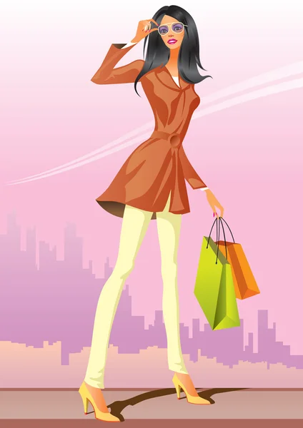 Moda meninas de compras com saco de compras — Vetor de Stock
