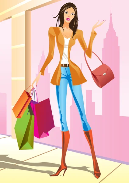 Mode shopping flickor med shopping väska i new york — Stock vektor