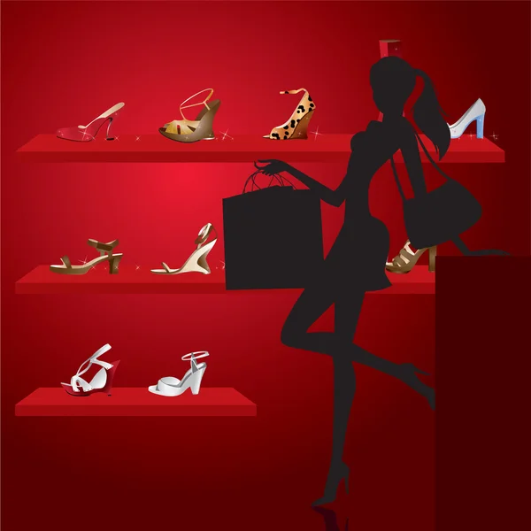 Mooie vrouw in schoen winkel — Stockvector
