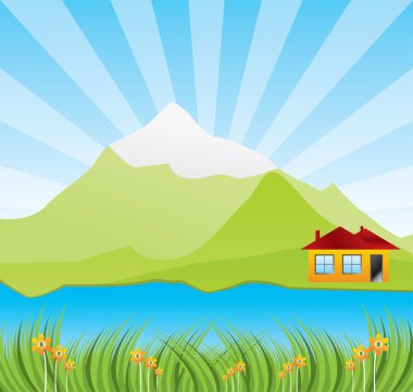 Spring sunny landscape with river clipart