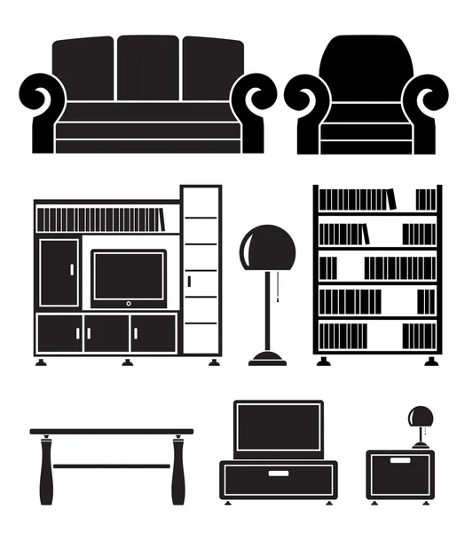 Oturma odası nesneleri, mobilya ve ekipmanları — Stok Vektör