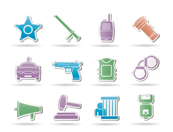 Law, order, police and crime icons — Stock Vector
