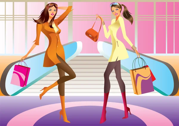 Duas meninas de compras de moda com saco no shopping — Vetor de Stock