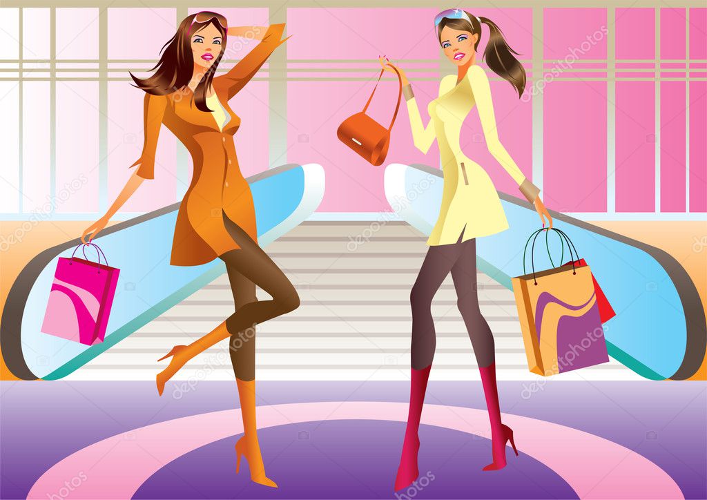 Two fashion shopping girl with bag in mall