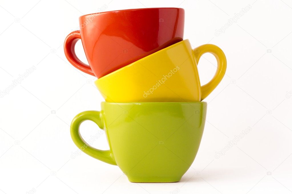Iridescent coffee cups on a white background