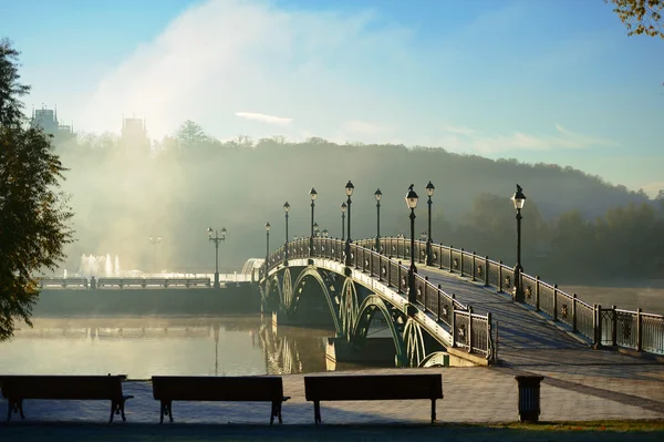 Autunno. Alba nel parco Tsaritsino a Mosca. Il ponte. Russia Foto Stock Royalty Free