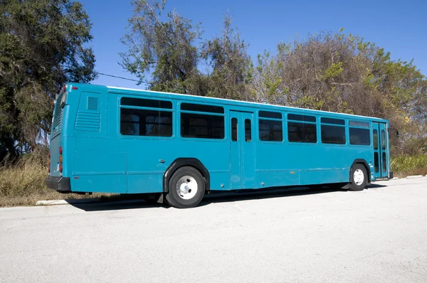 被遗弃的蓝色巴士停在离路边卖与蓝蓝的天空 — 图库照片
