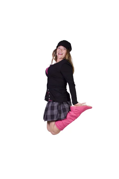 Genç moda model orta havada atlama — Stok fotoğraf