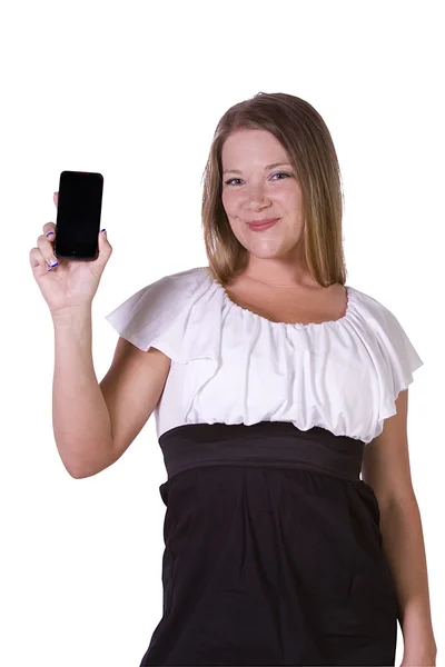 Piękna kobieta trzymając telefon komórkowy — Zdjęcie stockowe