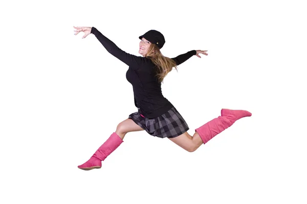 Young fashion model jumping in mid air — Stock Photo, Image