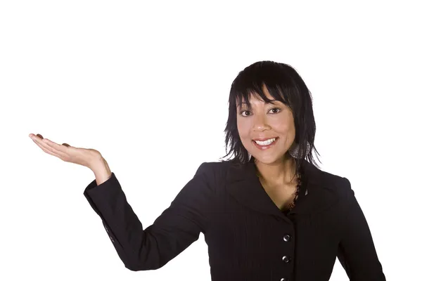 Asiatisk kvinna håller din produkt — Stockfoto