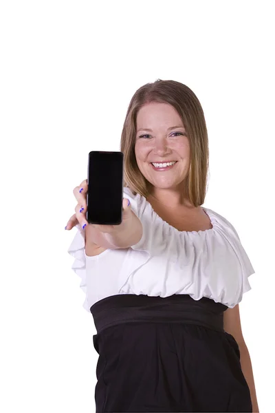 Красива жінка тримає мобільний телефон — стокове фото