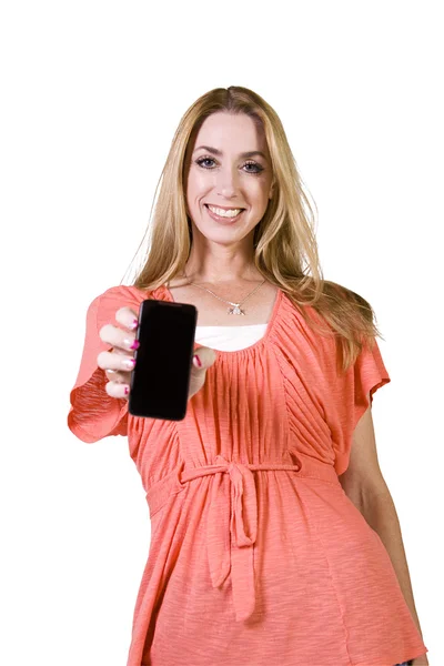 Gyönyörű nő egy mobiltelefon tartó — Stock Fotó