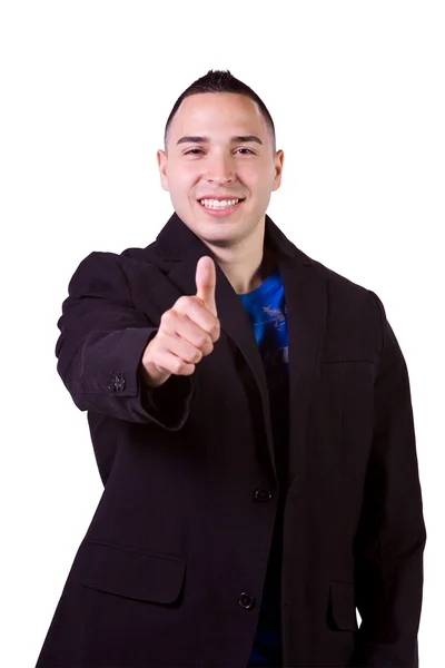 Красивый латиноамериканец-бизнесмен, отказывающийся от больших пальцев — стоковое фото
