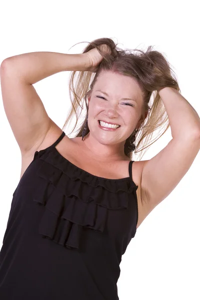 Close up of young woman pulling her hairs — Stock Photo, Image