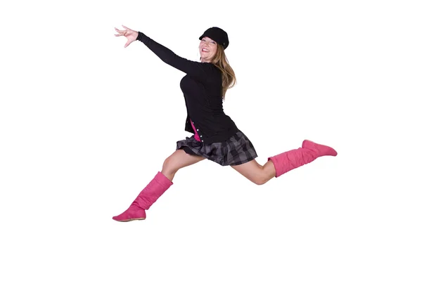 Genç moda model orta havada atlama — Stok fotoğraf