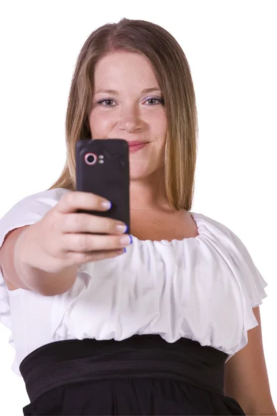 Жінка фотографує зі свого мобільного телефону — стокове фото