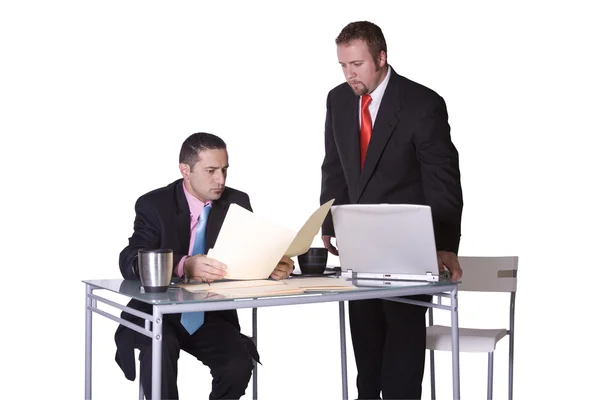 Dos Hombres Negocios Pie Escritorio Una Oficina Trabajo —  Fotos de Stock