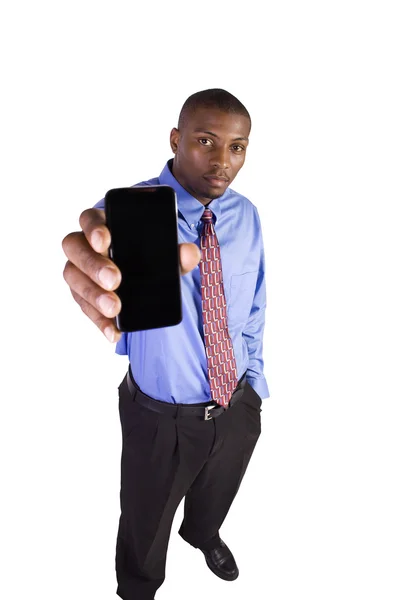 彼の携帯電話を示す孤立した白いビジネスマン — ストック写真