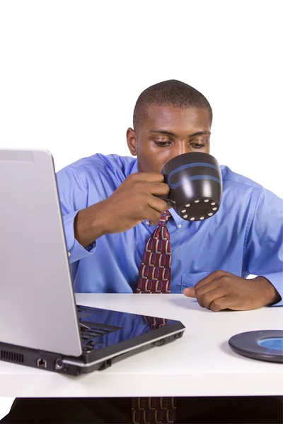 Isolated Black Businessman His Desk Working White Background — Stock Photo, Image