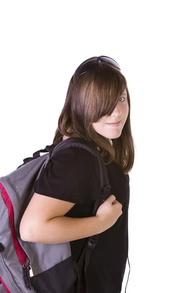 Sırt Çantasını Bir Ağacın Altında Genç Üniversiteli Kızla — Stok fotoğraf