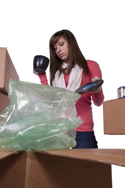 Young Girl Packing Moving White Background — Stock Photo, Image