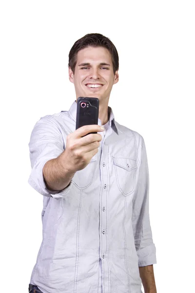 Isolierter Geschäftsmann Sendet Eine Bildnachricht Auf Seinem Handy — Stockfoto