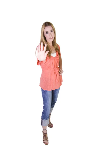 Beautiful Girl Makes Hand Gesture Stop Isolated Background — Stock Photo, Image