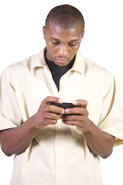 Isolated Casual Black Man Texting His Cell Phone — Stock Photo, Image