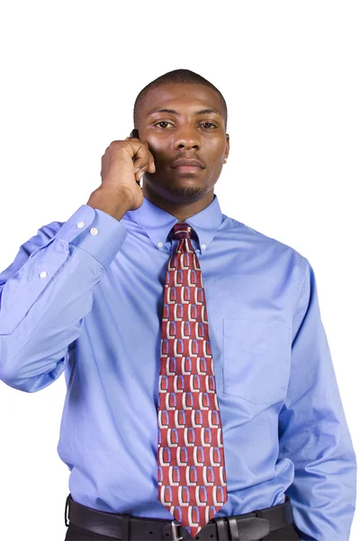Izolované Černým Podnikatel Rukou Kapse Mluví Telefonu — Stock fotografie