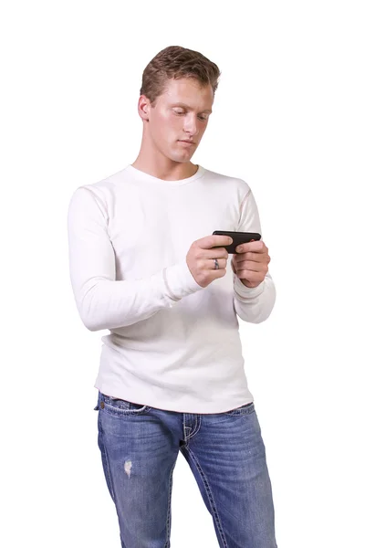 Casual Man Texting Cell Phone Isolated — Stock Photo, Image