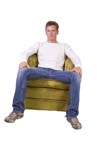 Homme Blanc Assis Sur Chaise Fond Blanc Détendu — Photo