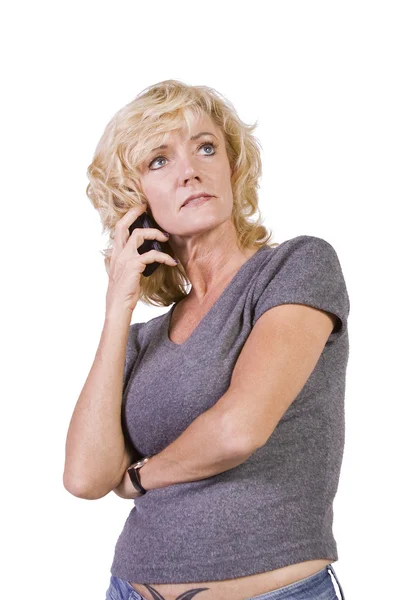 Piękna Kobieta Rozmawia Przez Telefon Komórkowy Białym Tle — Zdjęcie stockowe