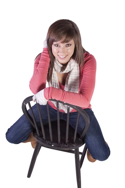 Imagem Artística Uma Mulher Sentada Cadeira Com Fundo Branco — Fotografia de Stock
