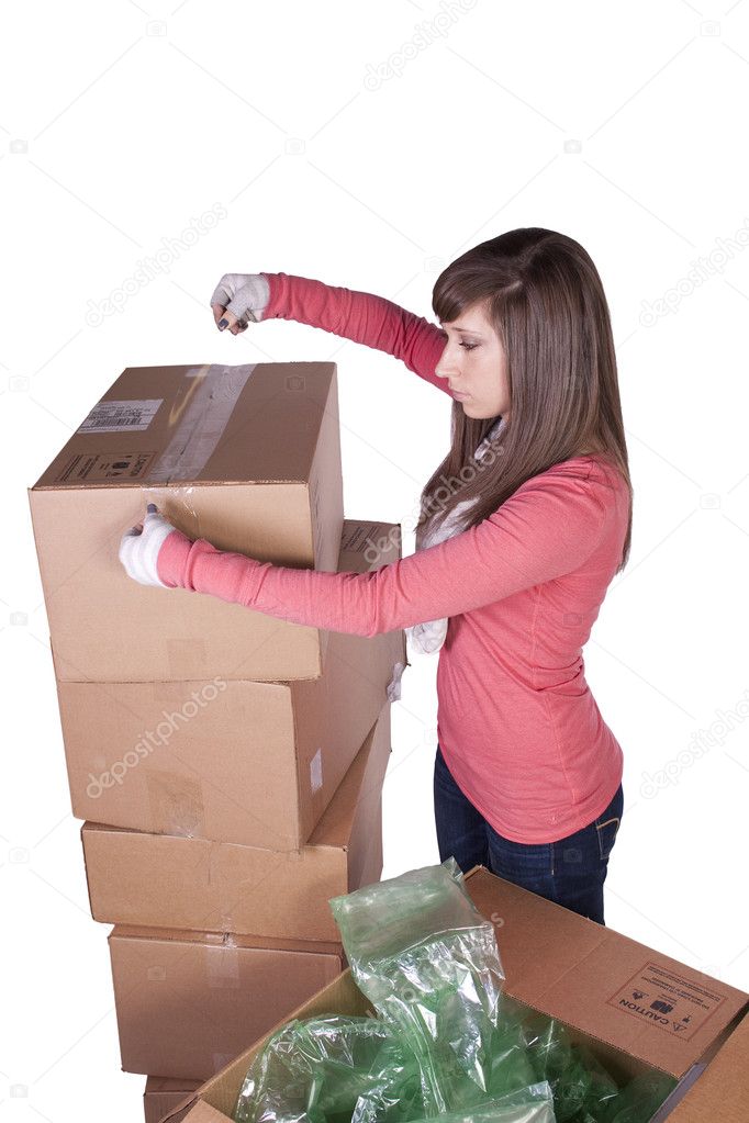Young girl packing up and moving - white background