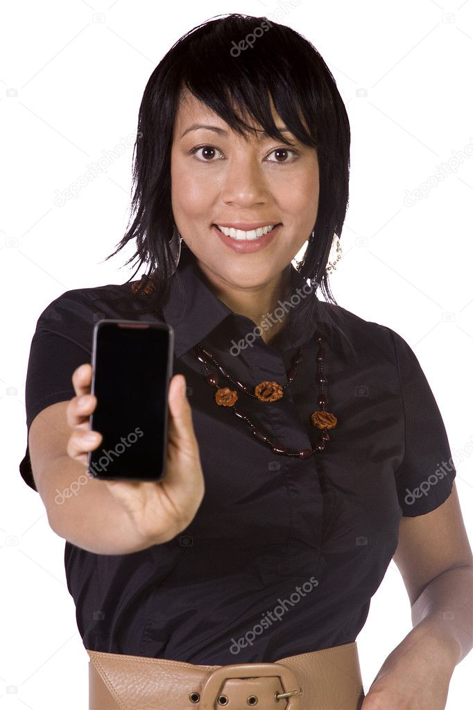 Beautiful Asian-Hispanic Woman Holding a Cell Phone
