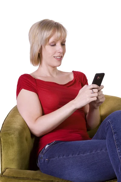 Mooie Vrouw Sms Bank Thuis — Stockfoto
